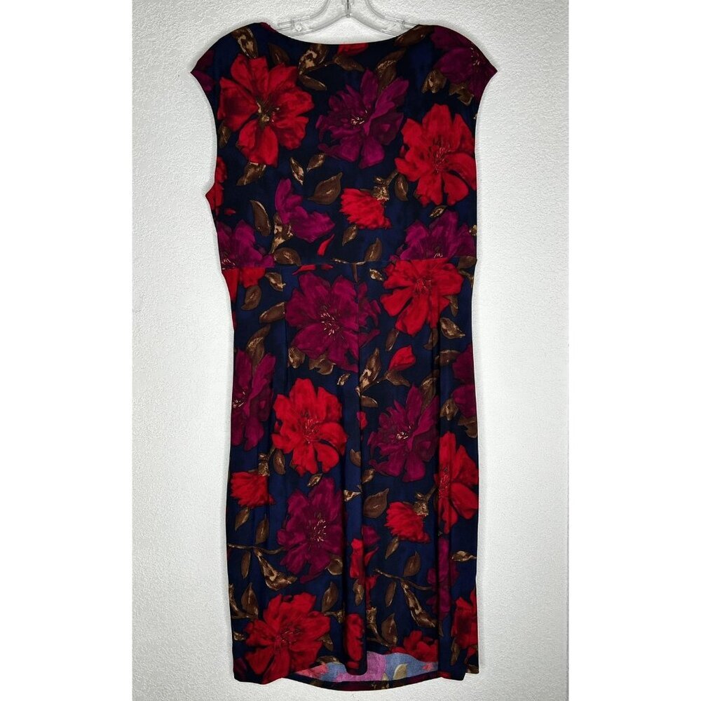 Chaps Dress Womens XL Dark Floral Ruched Cap Sleeve Surplice Sheath Stretch - Picture 2 of 10